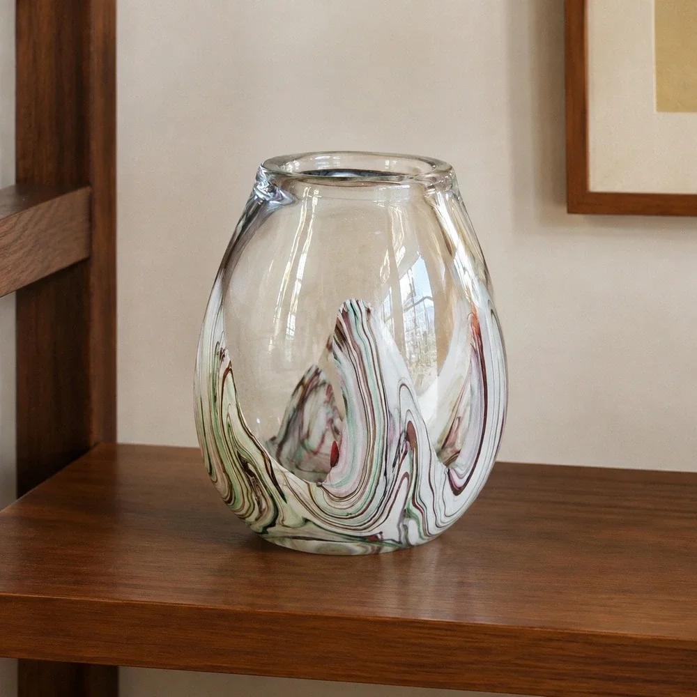 Hand Blown Art Glass Vase Swirl Marbled Green Burgundy Clear MCM Decor